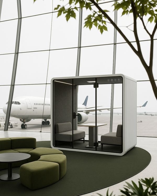 Cabine acoustique installée dans un espace d’attente