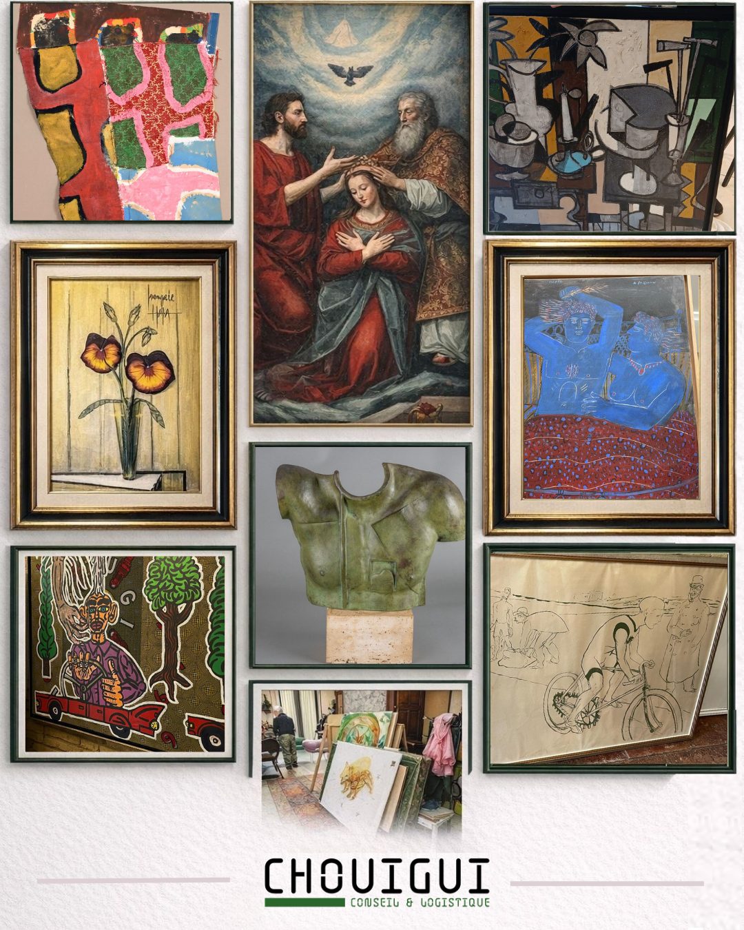 Œuvres d’art transportées par Chouigui Conseil & Logistique : peintures, sculpture en bronze et dessins